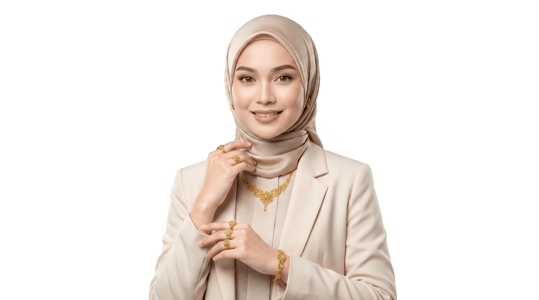 Wanita memakai pilihan barang kemas emas 916